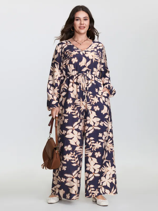 Floral Print V-Neck Drawstring Waist Jumpsuit sold by Bloomchic