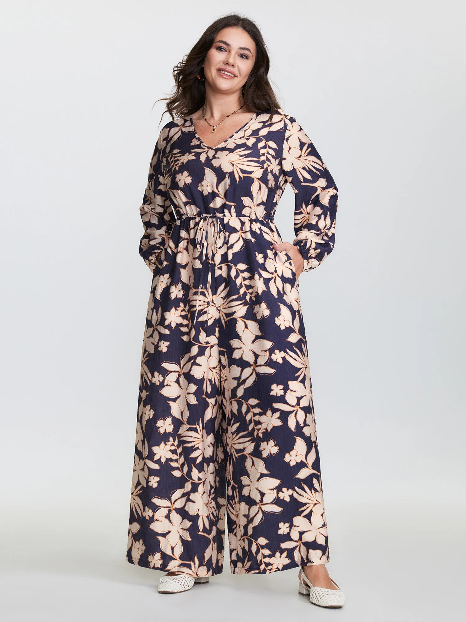Floral Print V-Neck Drawstring Waist Jumpsuit sold by Bloomchic product image thumbnail 3