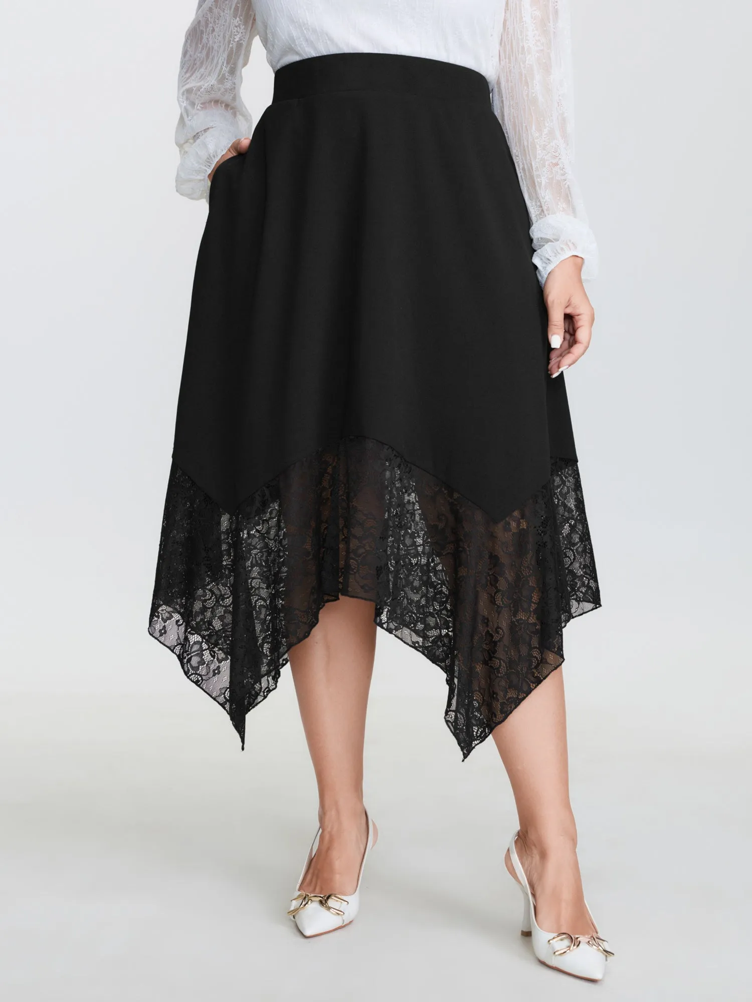 Sheer Lace Handkerchief Hem Midi Skirt sold by Bloomchic