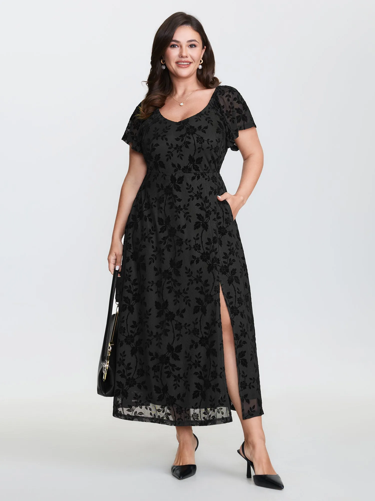 Floral Textured Jacquard Slit Hem Maxi Dress sold by Bloomchic