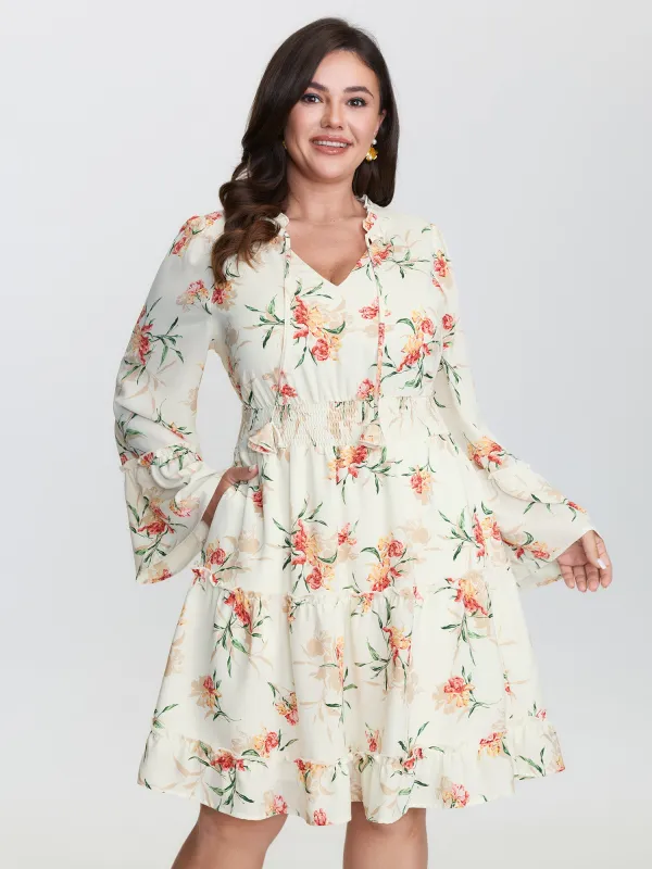 Floral Print Shirred Waist Ruffled Edge Midi Dress sold by Bloomchic
