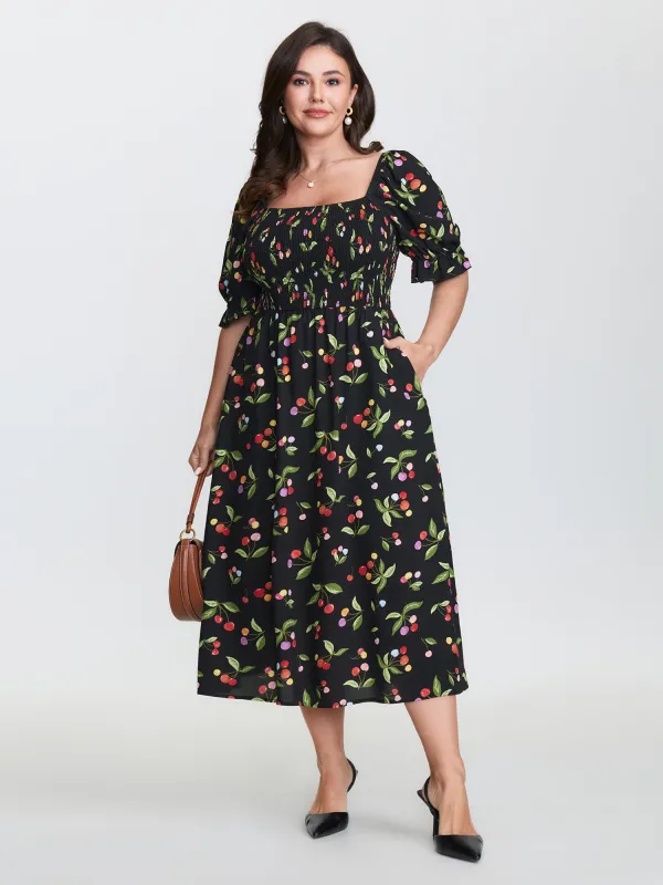Fruity Floral Print Shirred Bodice Midi Dress sold by Bloomchic