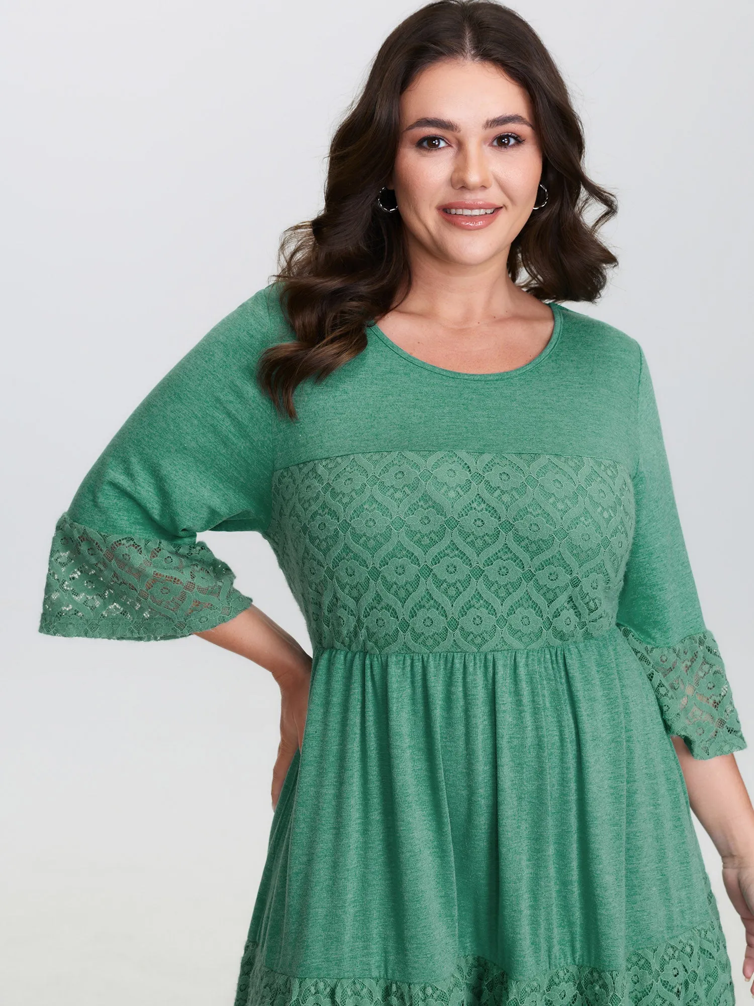 Lace Trim Tiered Sheer Sleeve Midi Dress sold by Bloomchic product image thumbnail 2