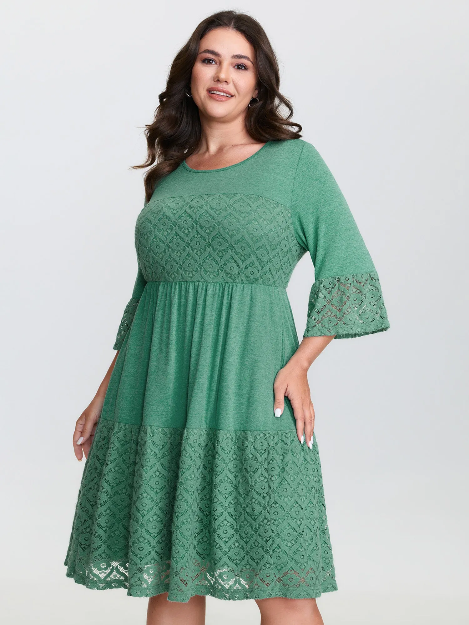Lace Trim Tiered Sheer Sleeve Midi Dress sold by Bloomchic