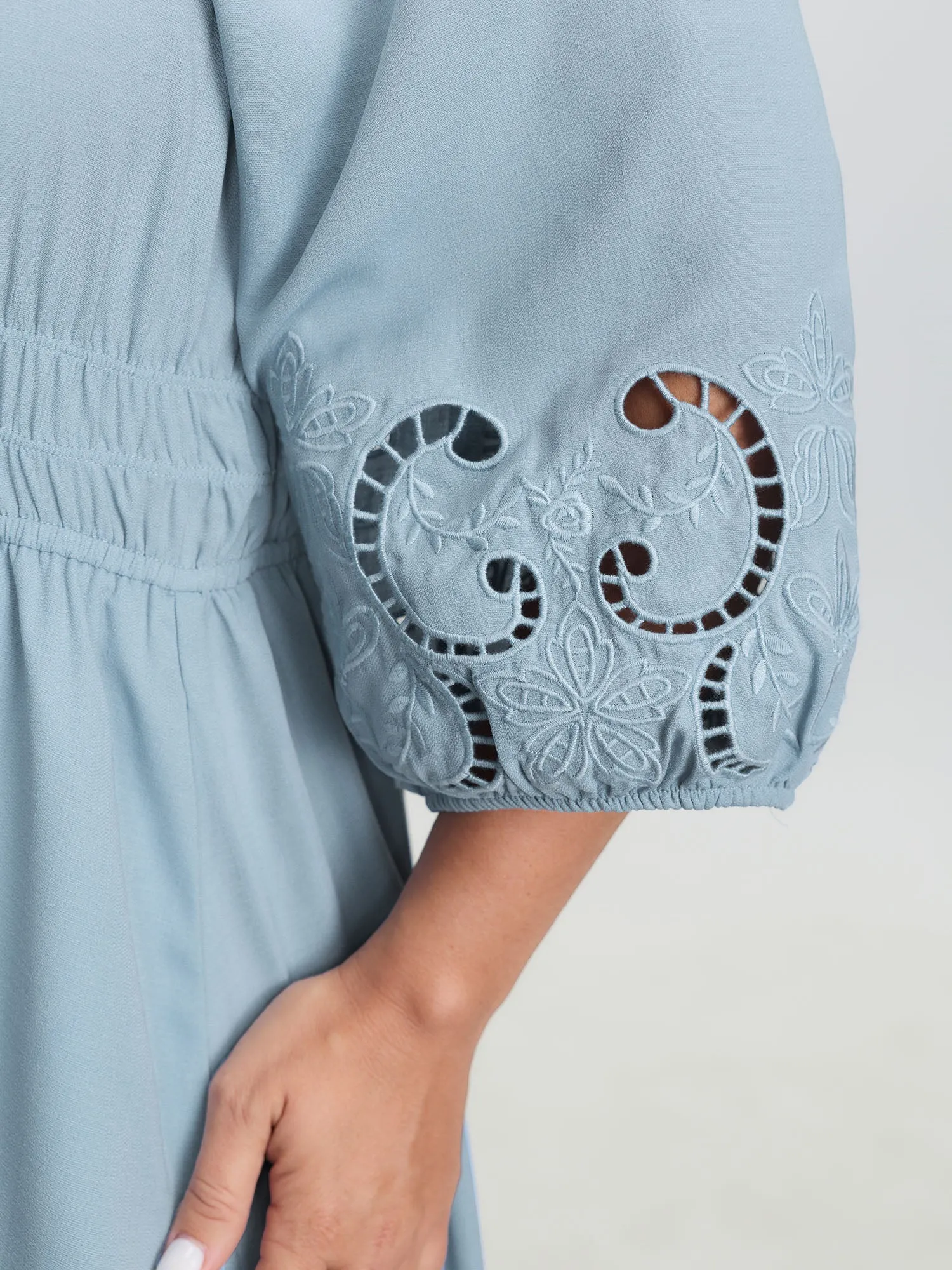 Floral Cut-Out Embroidery Stretchy Waist Midi Dress sold by Bloomchic product image thumbnail 4