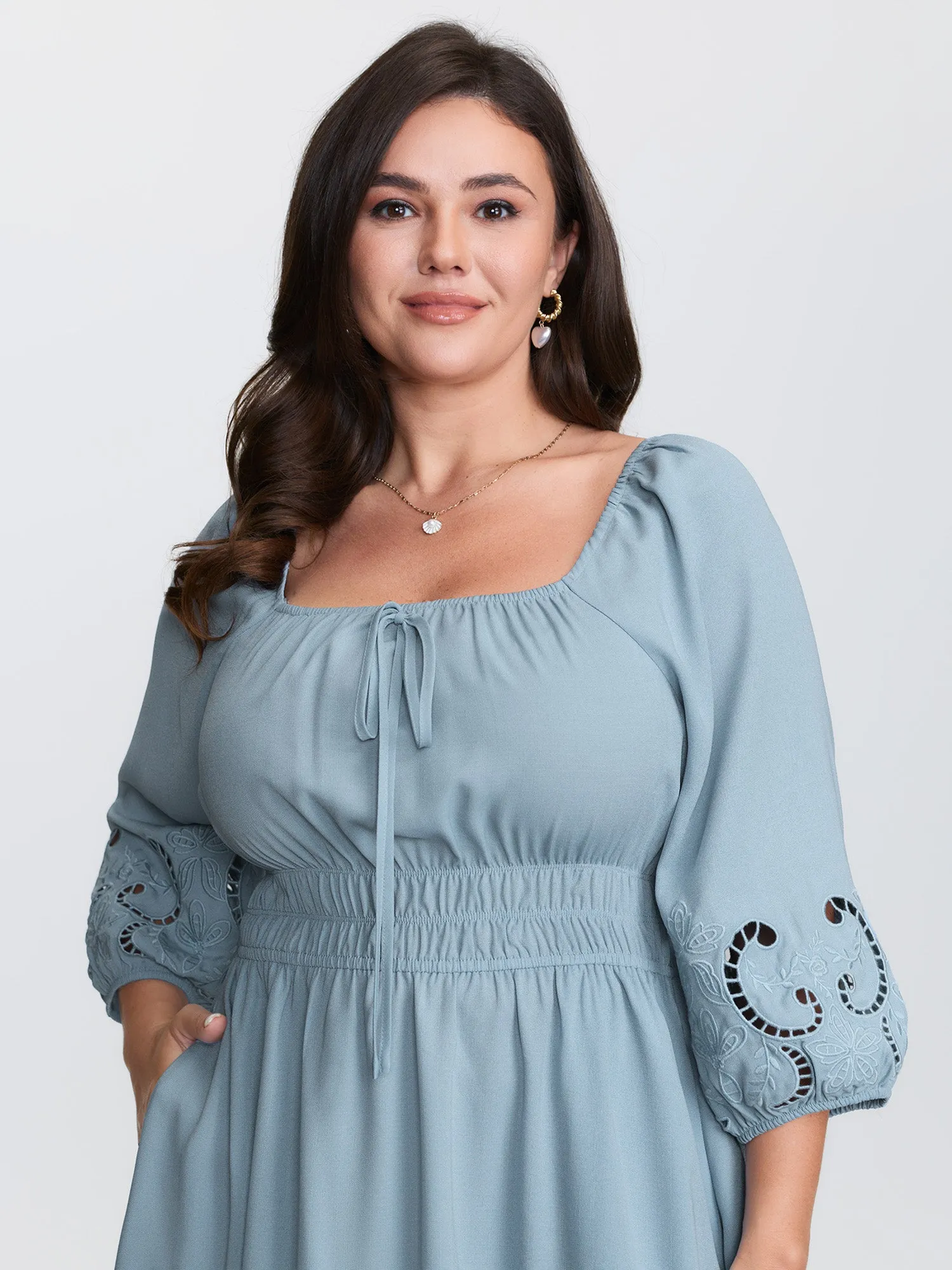 Floral Cut-Out Embroidery Stretchy Waist Midi Dress sold by Bloomchic product image thumbnail 2