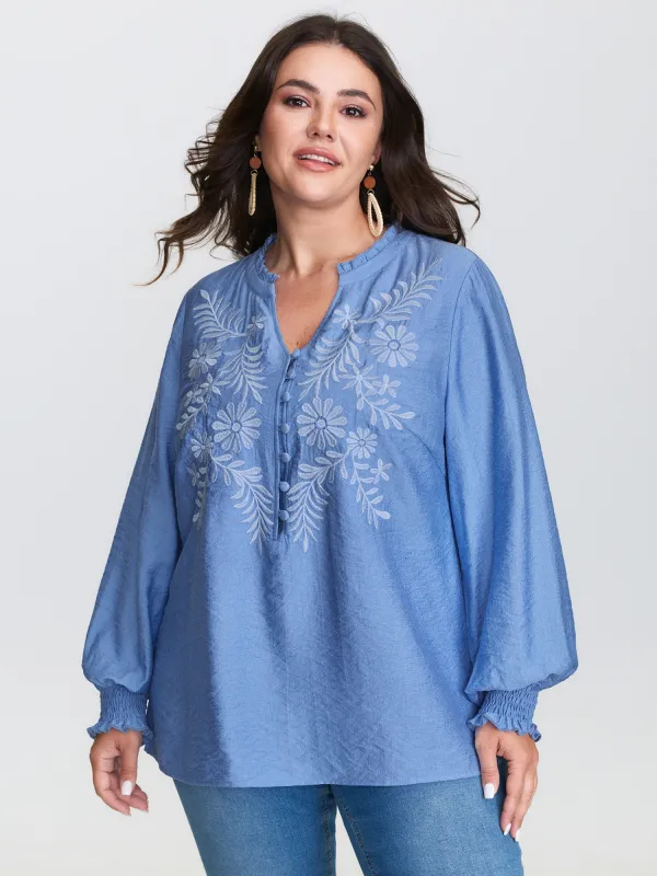 Floral Embroidery Button Detail Blouse sold by Bloomchic