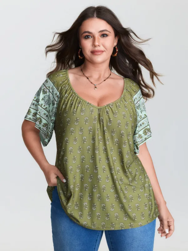 Supersoft Floral Print Flared Sleeve Pleated Knit Top made by Bloomchic