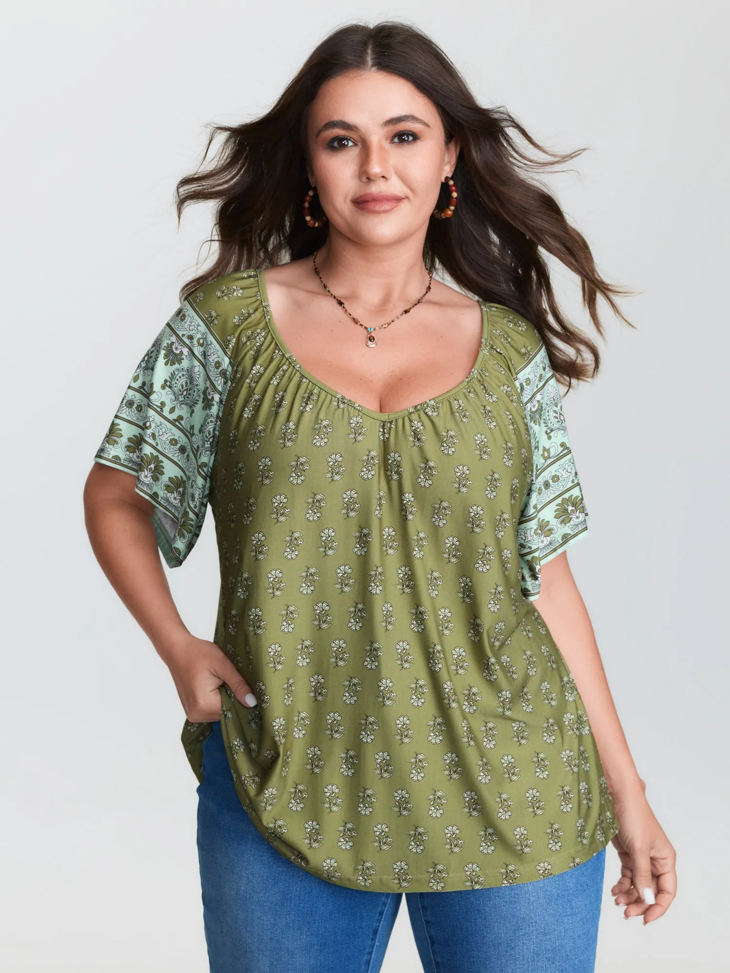 Supersoft Floral Print Flared Sleeve Pleated Knit Top sold by Bloomchic