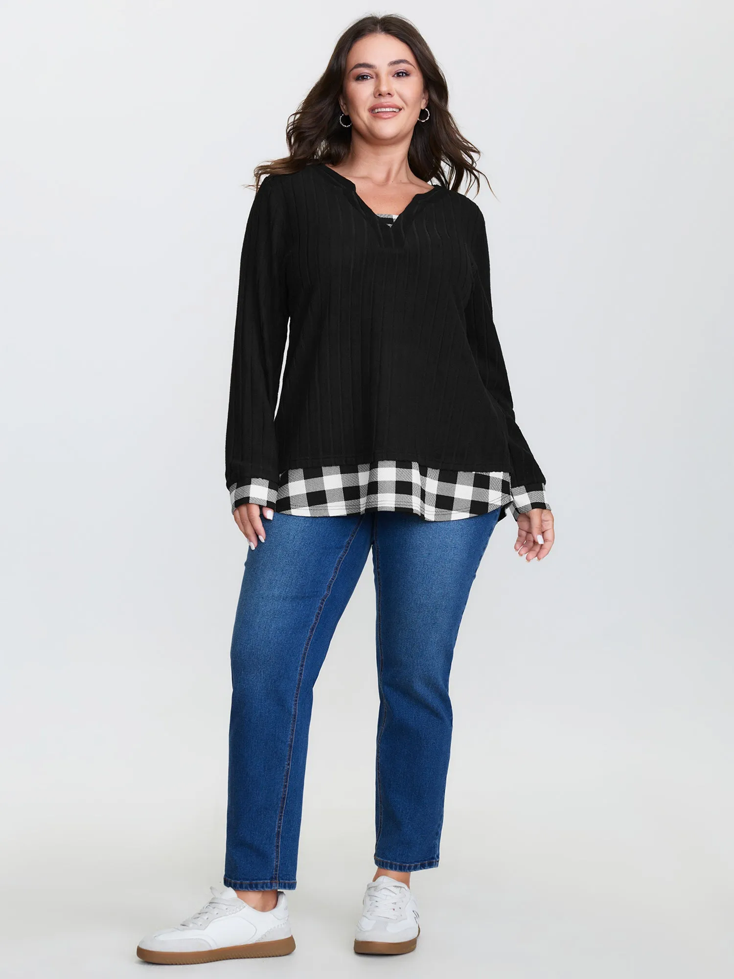 Checkered Notched Collar Contrast Knit Top sold by Bloomchic product image thumbnail 3