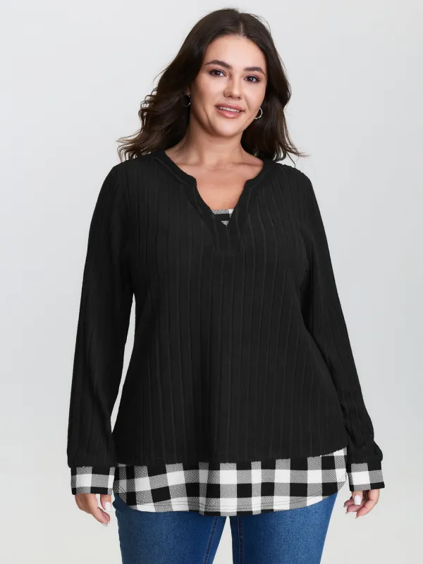 Checkered Notched Collar Contrast Knit Top sold by Bloomchic