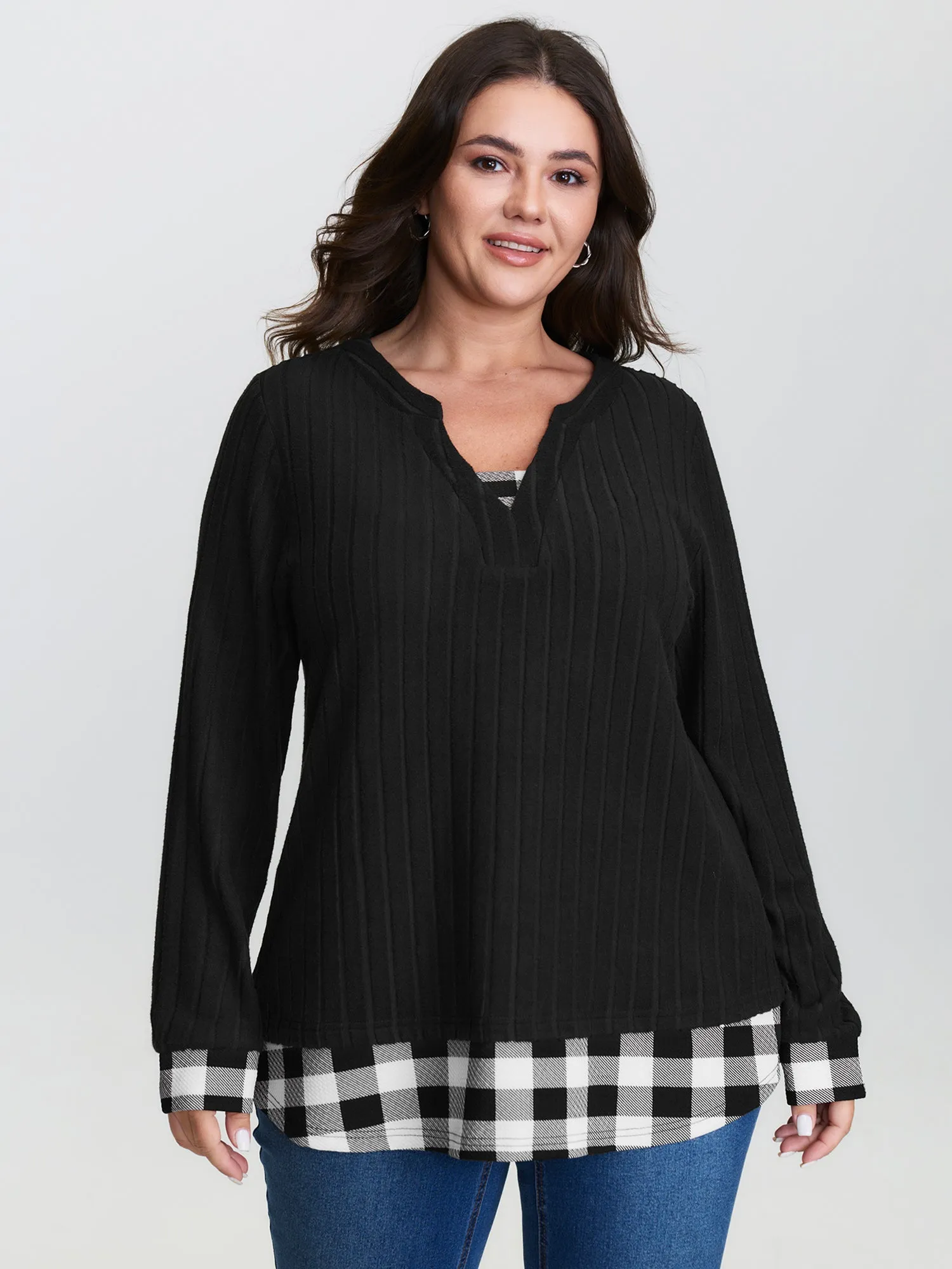 Checkered Notched Collar Contrast Knit Top sold by Bloomchic