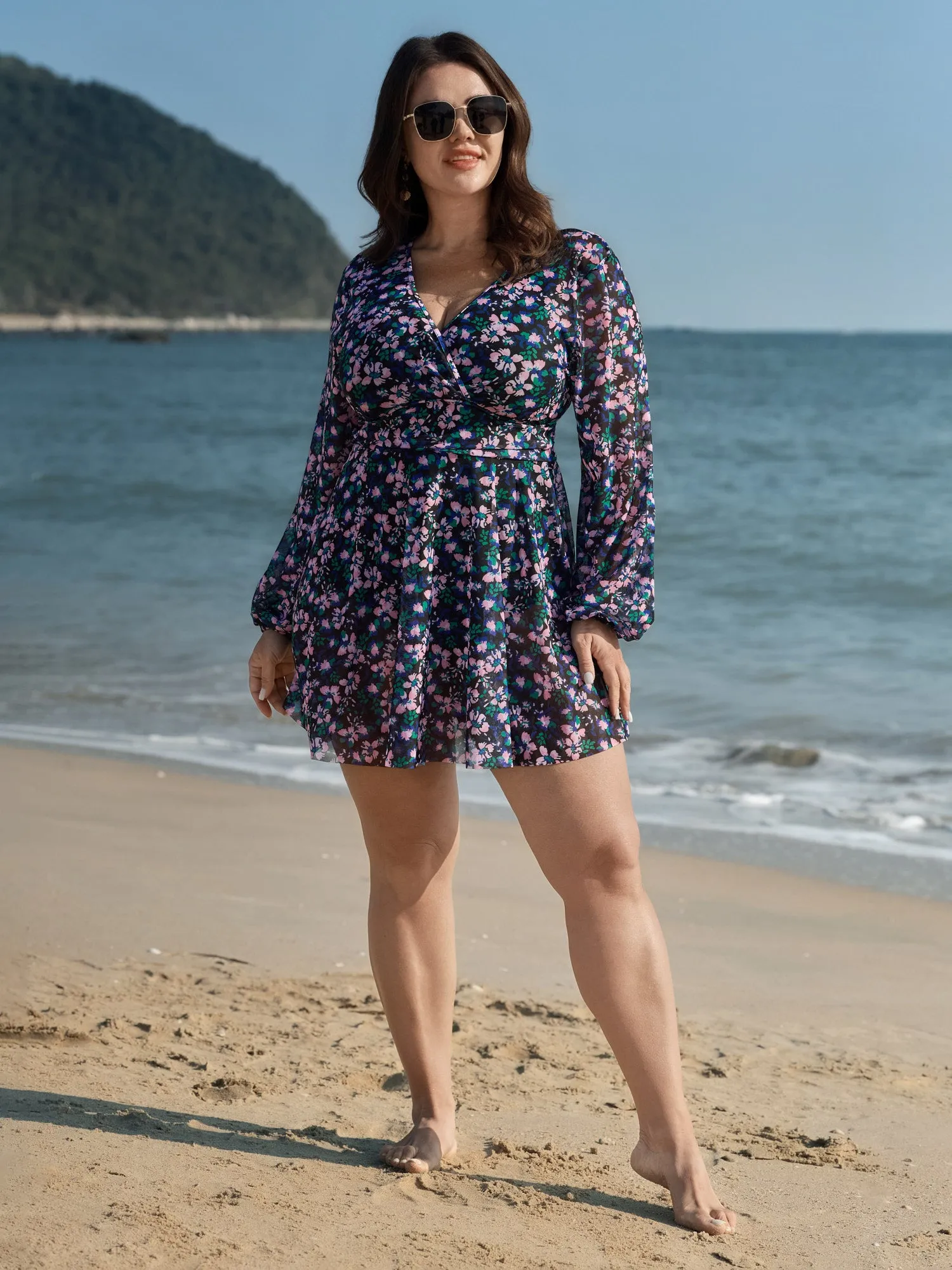 Floral Print Long Sleeve Layered Swim Dress sold by Bloomchic product image thumbnail 3