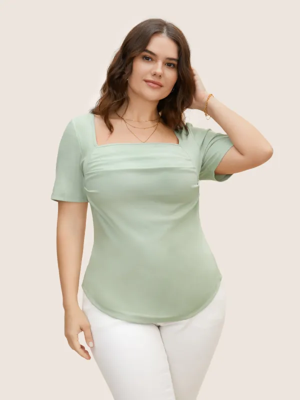 Square Neck Curved Hem Pleated T-shirt sold by Bloomchic