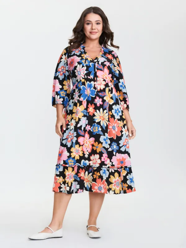 Colorful Large Floral Print Notched Collar Midi Dress sold by Bloomchic