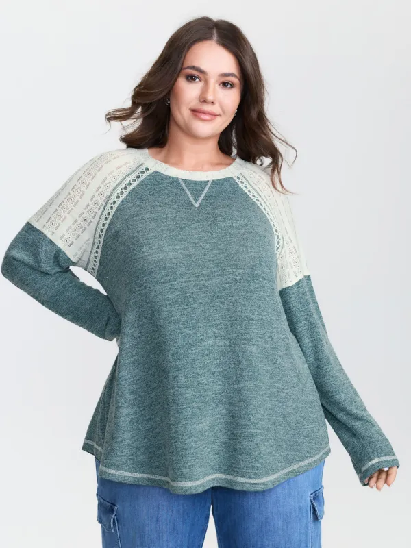 Colorblock Raglan Sleeve Lace Trim T-Shirt sold by Bloomchic