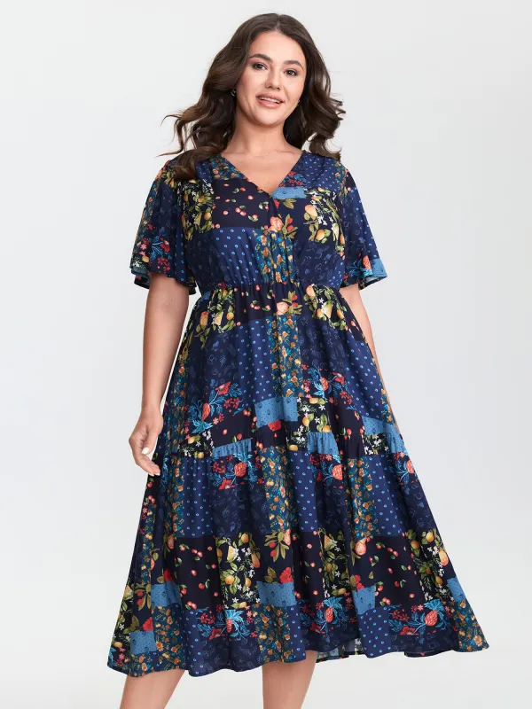 Fruit Collage Print Wrap Neck Midi Dress made by Bloomchic
