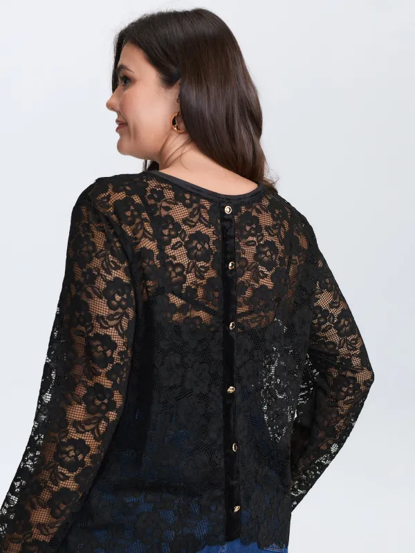 Breathable Lace Button Back Sheer Blouse sold by Bloomchic