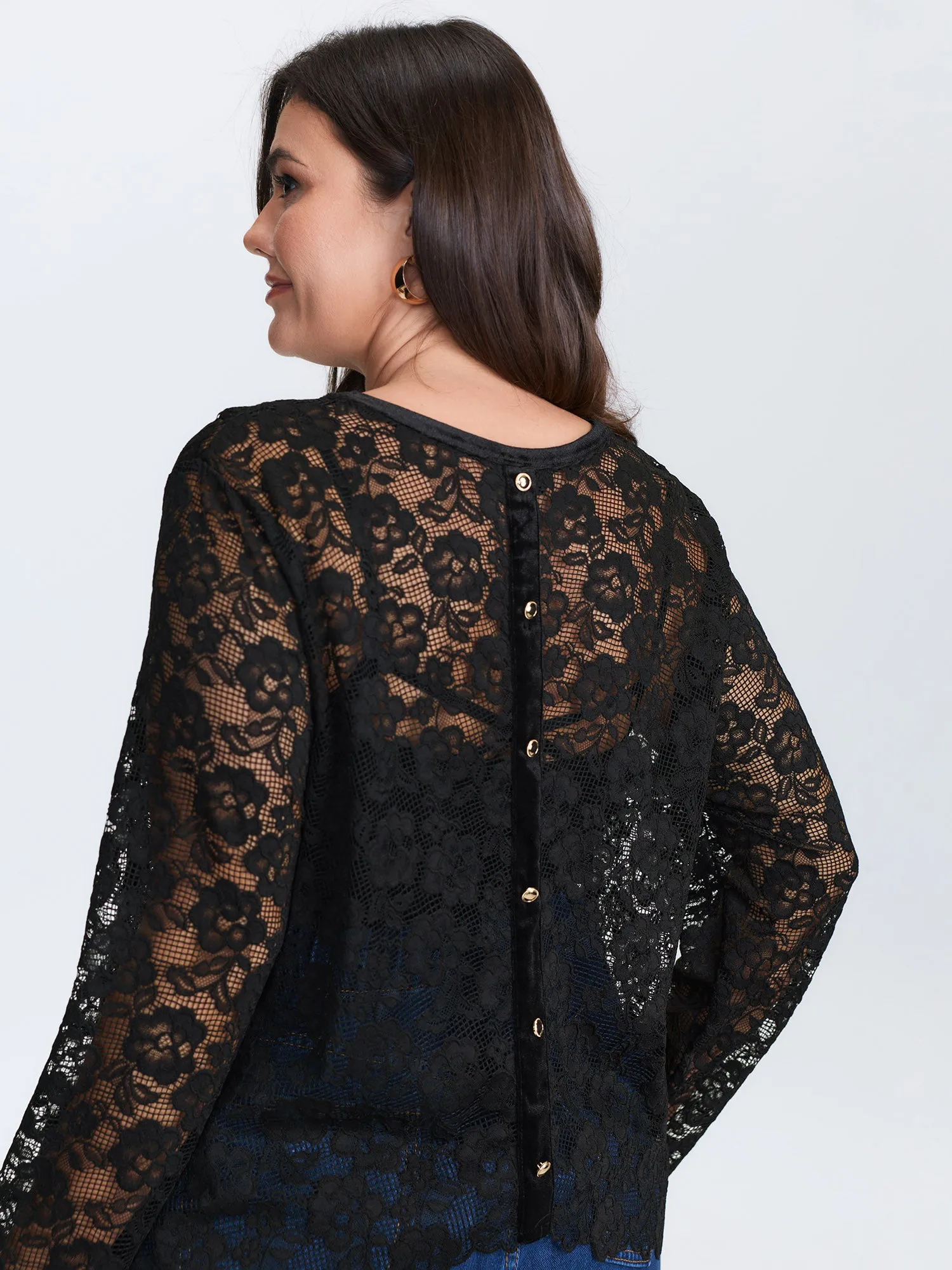 Breathable Lace Button Back Sheer Blouse sold by Bloomchic