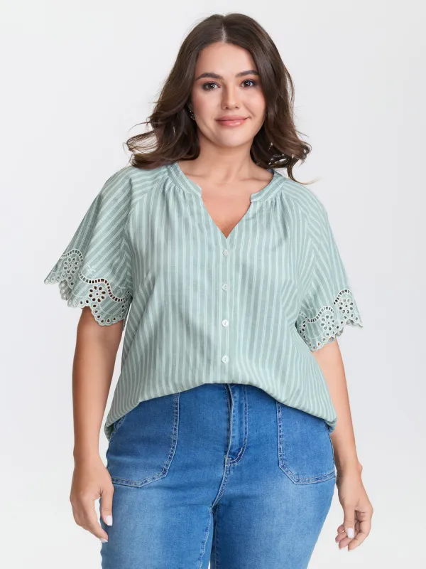 Striped Cut-Out Embroidery Blouse sold by Bloomchic
