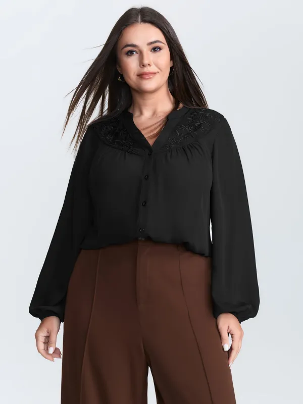 Embroidered Neckline Button-Down Blouse sold by Bloomchic