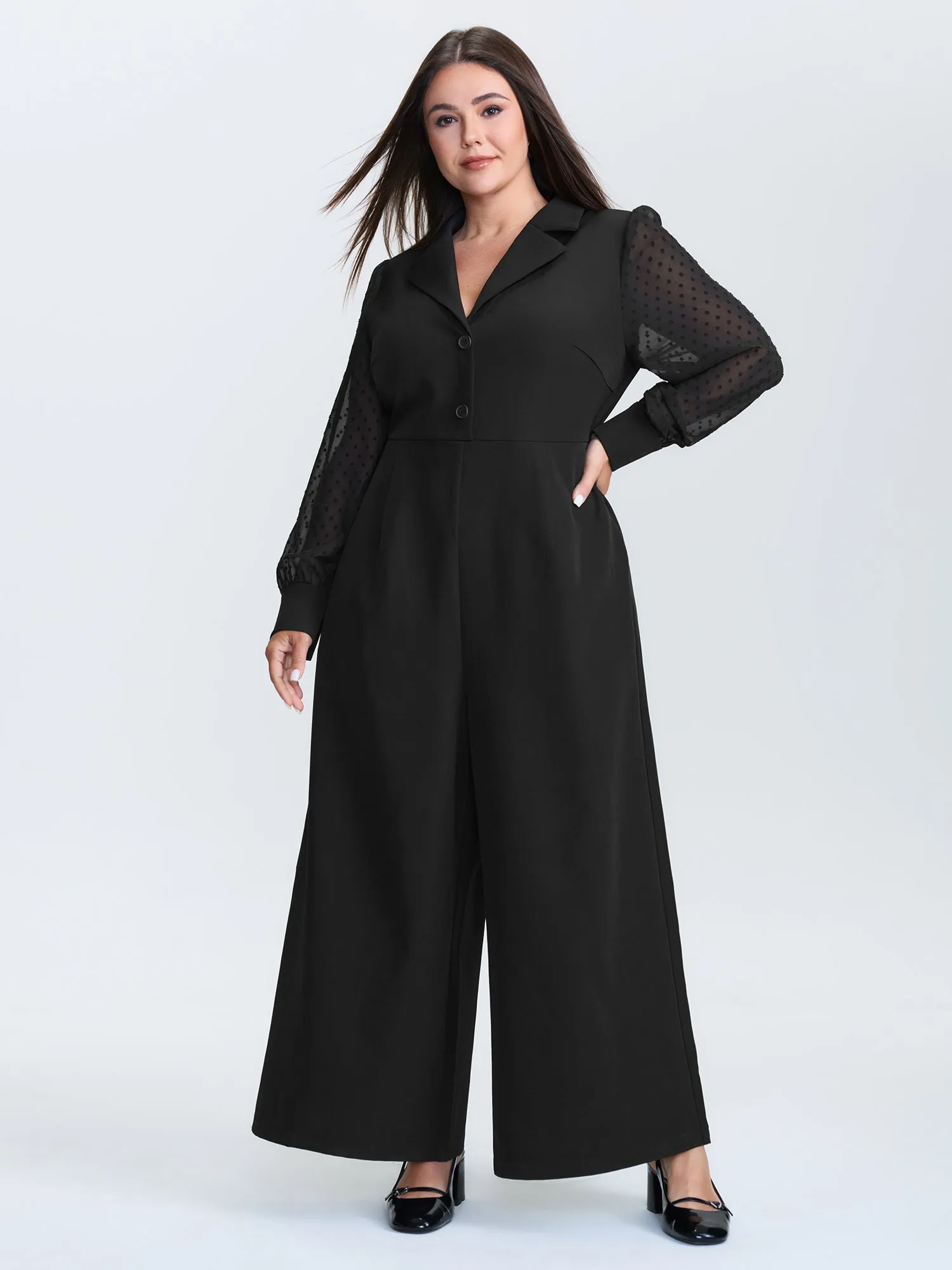 Sheer Sleeve Collared Wide-Leg Jumpsuit sold by Bloomchic product image thumbnail 3