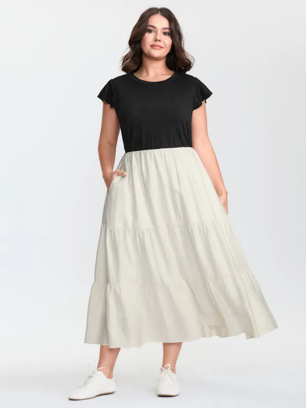 Textured Flutter Sleeve Tiered Midi Dress made by Bloomchic