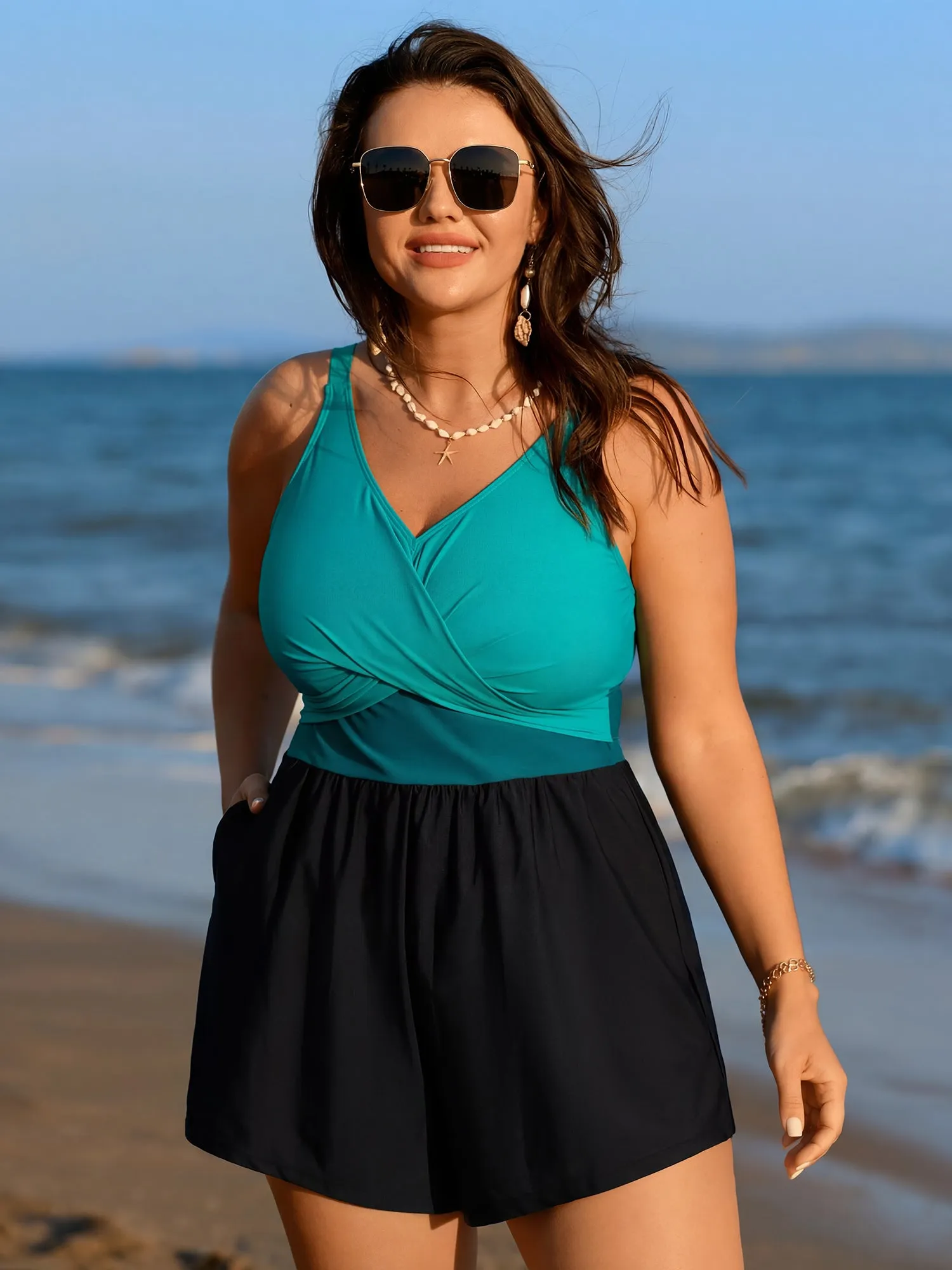 Colorblock Button Pockets One Piece Swimsuit sold by Bloomchic