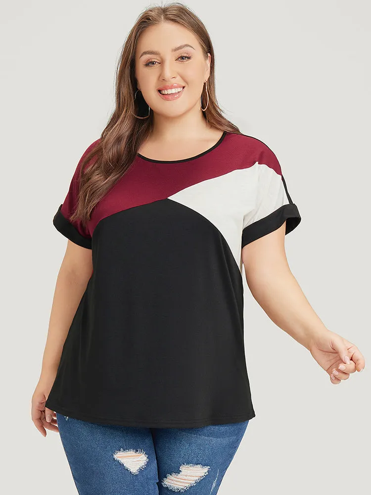 Crew Neck Colorblock Contrast Roll Dolman Sleeve T-shirt sold by Bloomchic