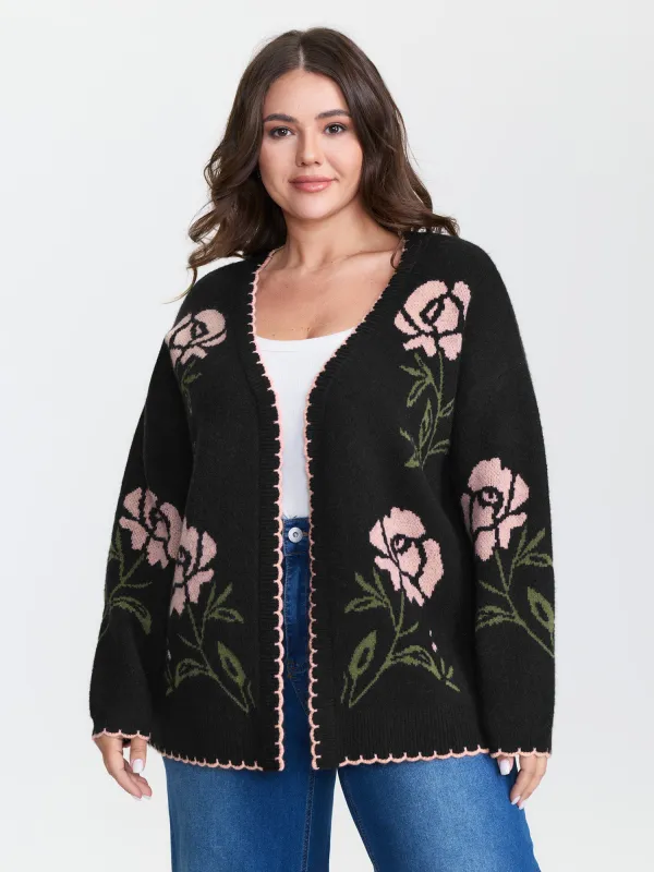 Floral Pattern Jacquard Wavy Edge Knit Cardigan sold by Bloomchic