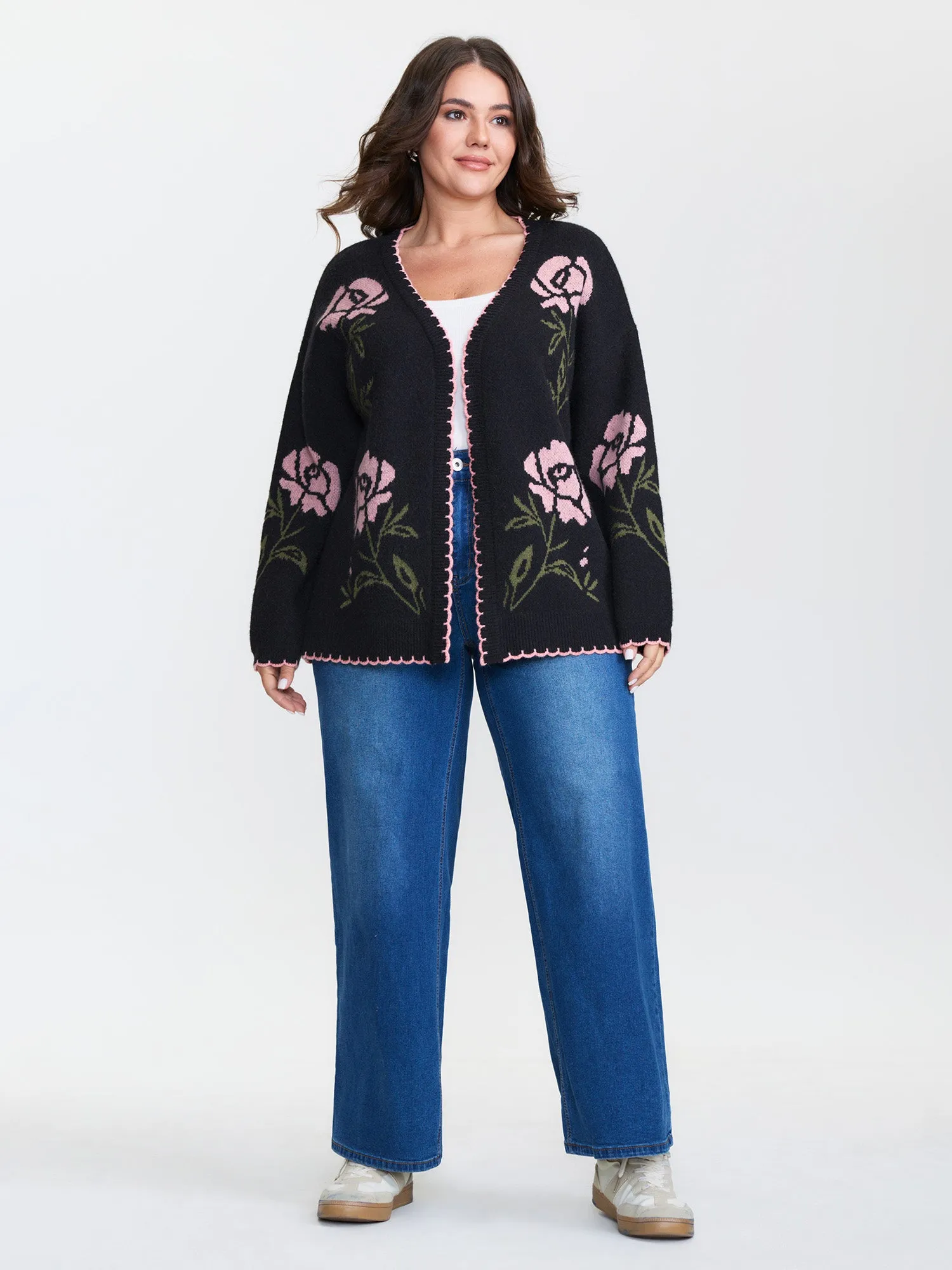 Floral Pattern Jacquard Wavy Edge Knit Cardigan sold by Bloomchic product image thumbnail 3