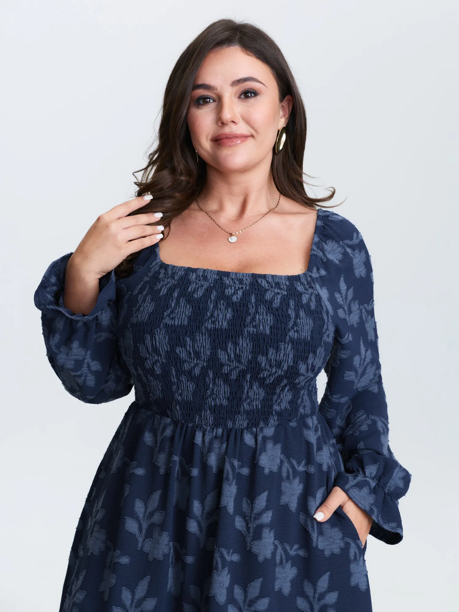 Floral Textured Shirred Bodice Midi Dress sold by Bloomchic product image thumbnail 2