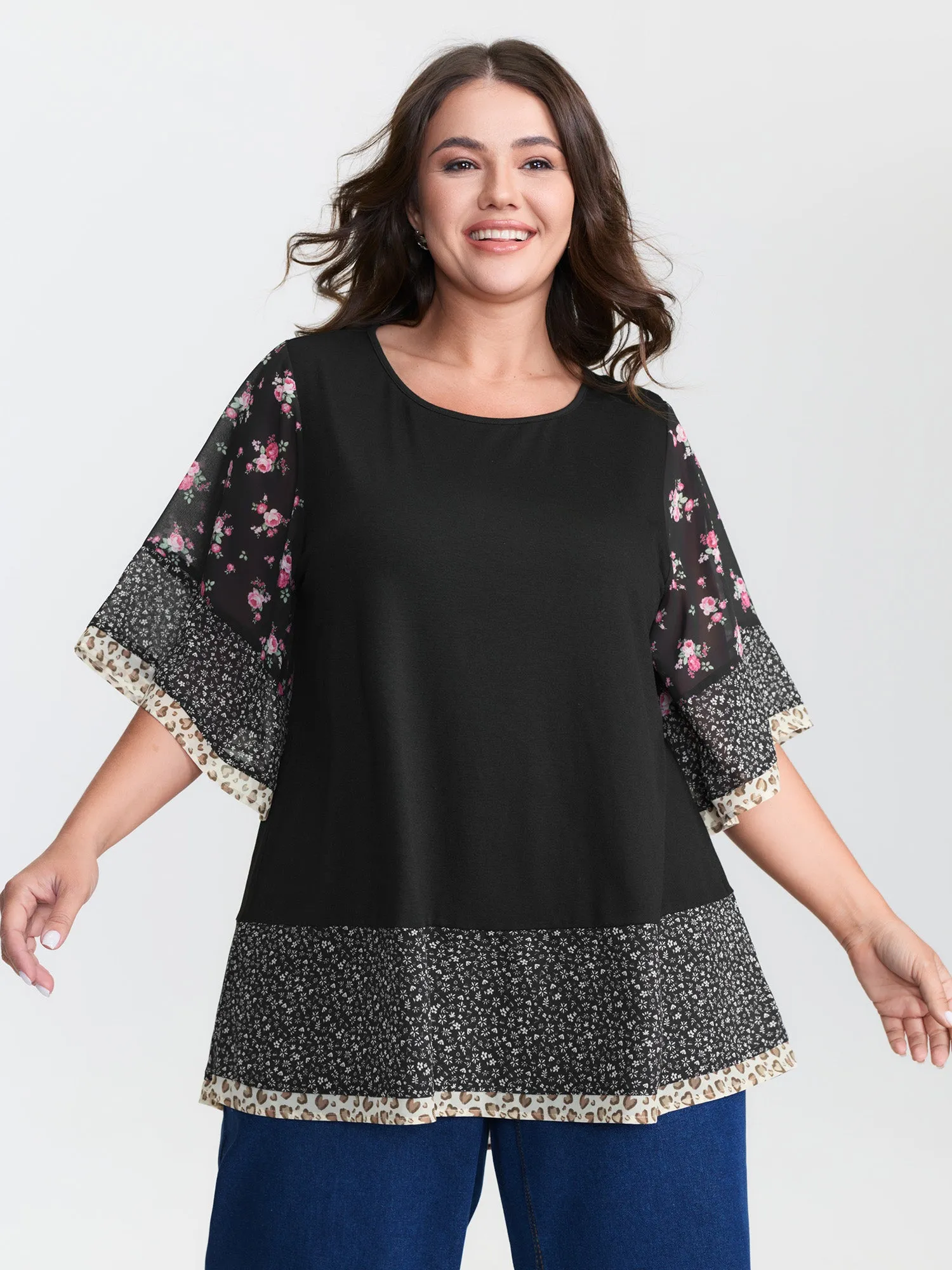 Floral Stretchy Flared Sleeve T-Shirt sold by Bloomchic