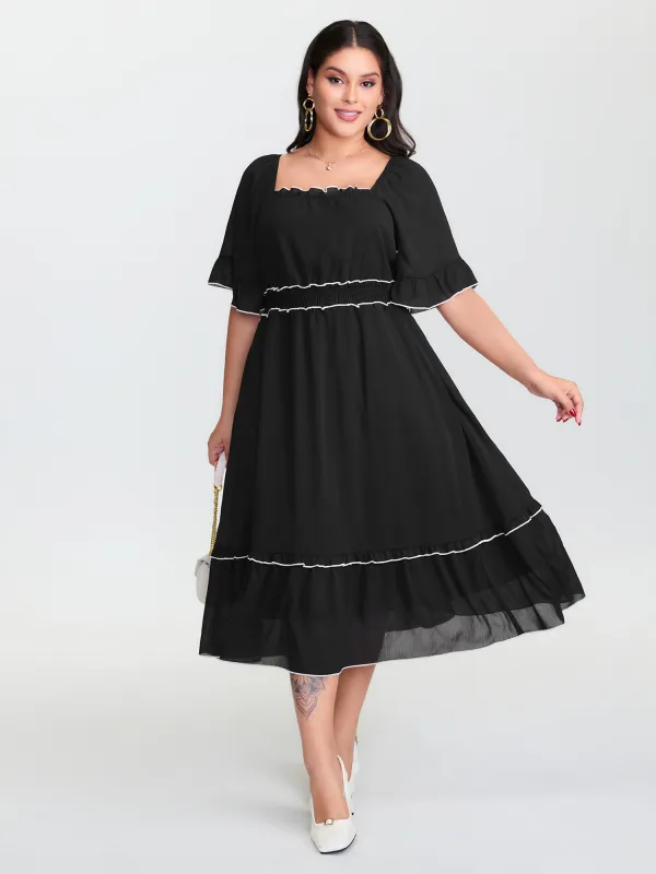 Ruffled Neckline Color Contrast Midi Dress sold by Bloomchic