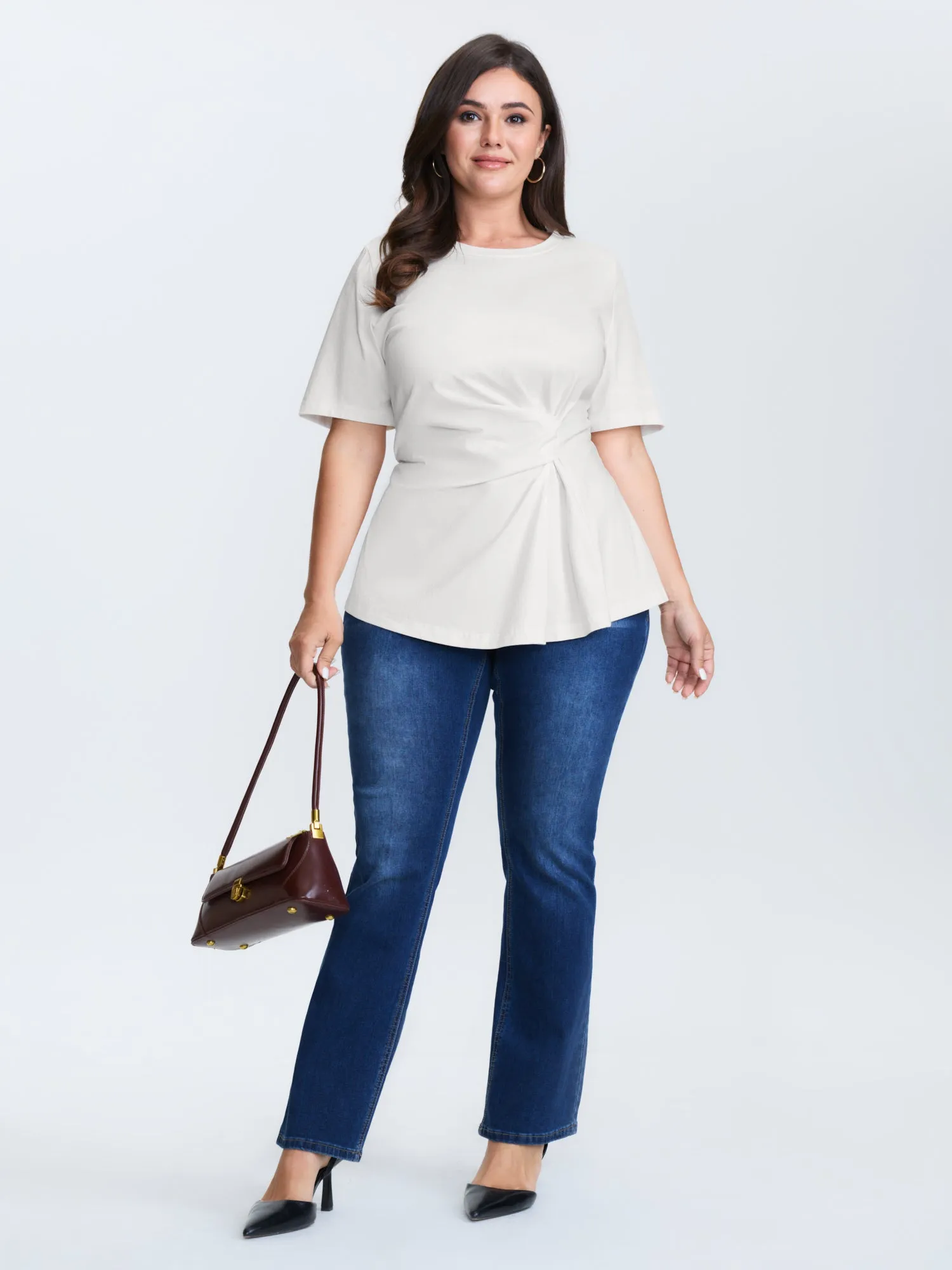 Cinched-Waist Ruched Plain Knit Top sold by Bloomchic product image thumbnail 3