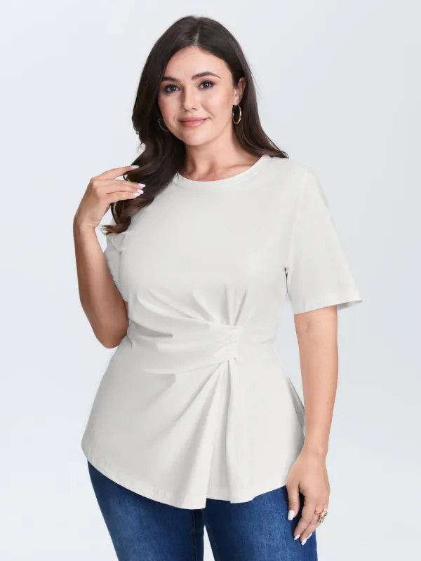 Cinched-Waist Ruched Plain Knit Top sold by Bloomchic