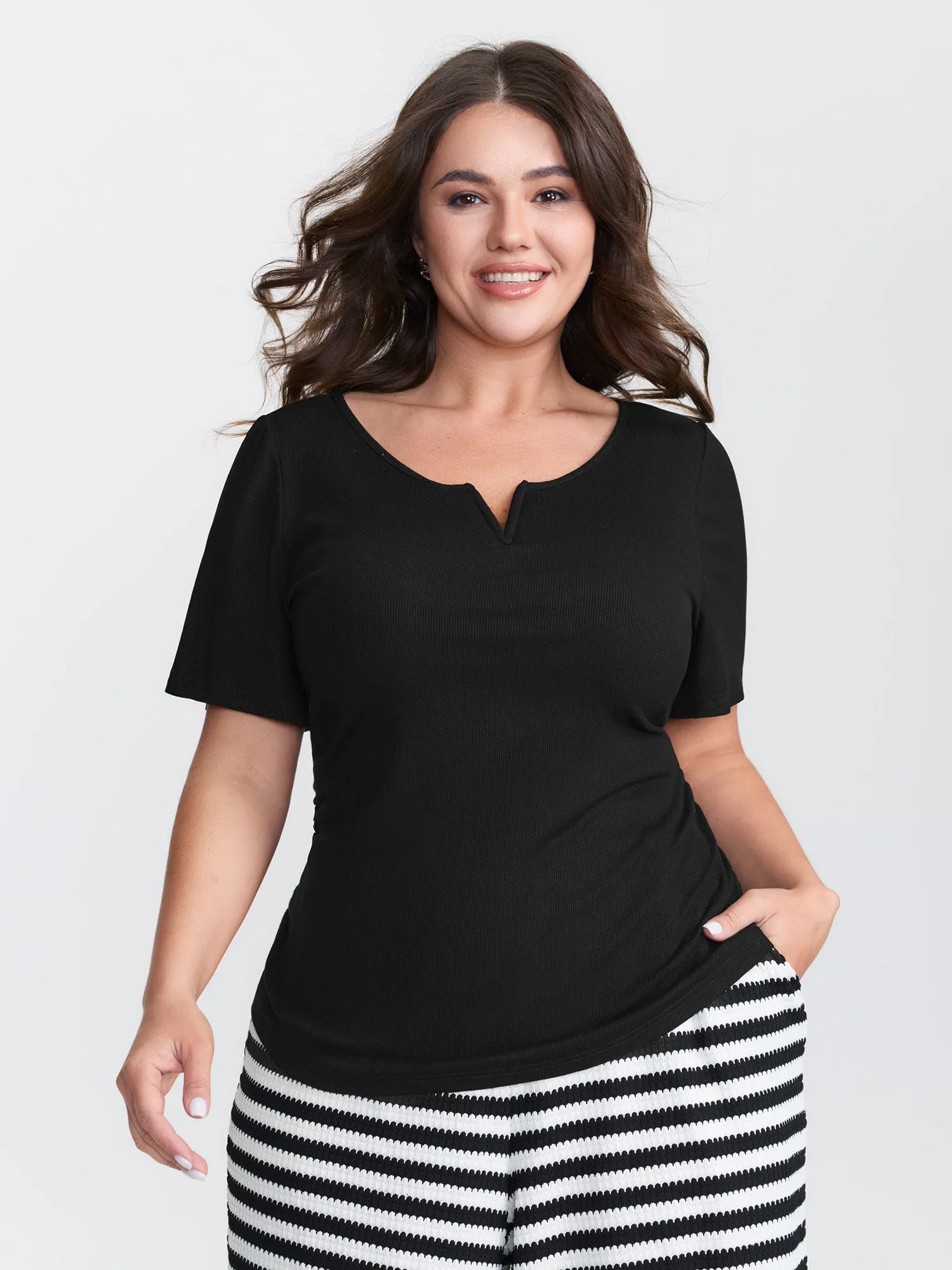 Stretchy Split Neckline Curvy Hem T-Shirt sold by Bloomchic product image thumbnail 3