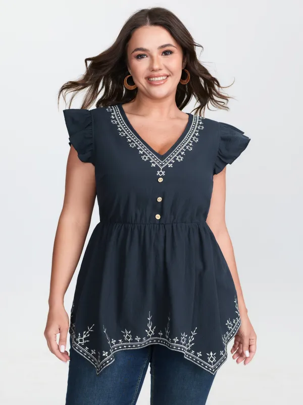 Cotton Embroidered Flutter Sleeve High-Low Hem Blouse sold by Bloomchic