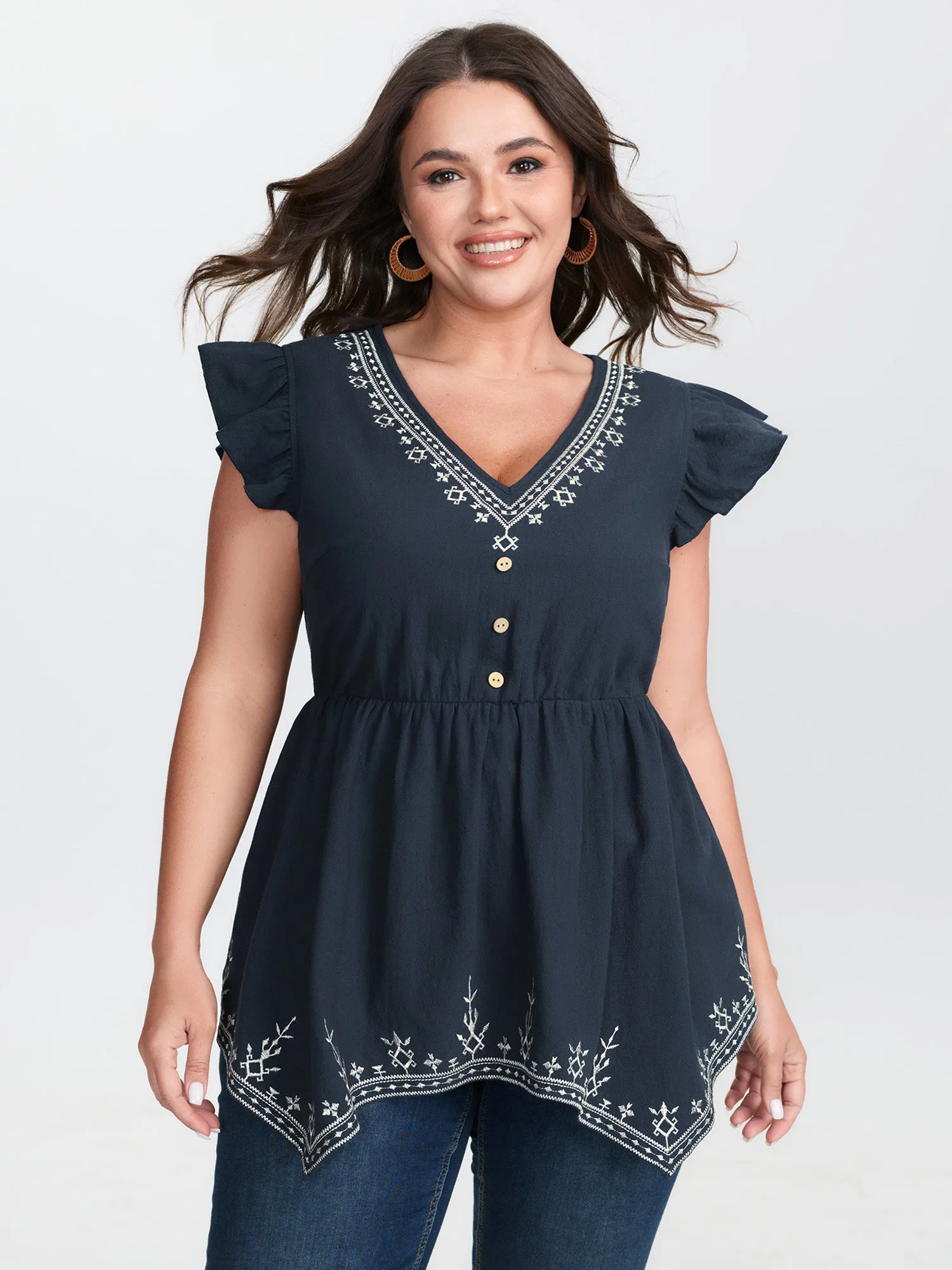 Cotton Embroidered Flutter Sleeve High-Low Hem Blouse sold by Bloomchic