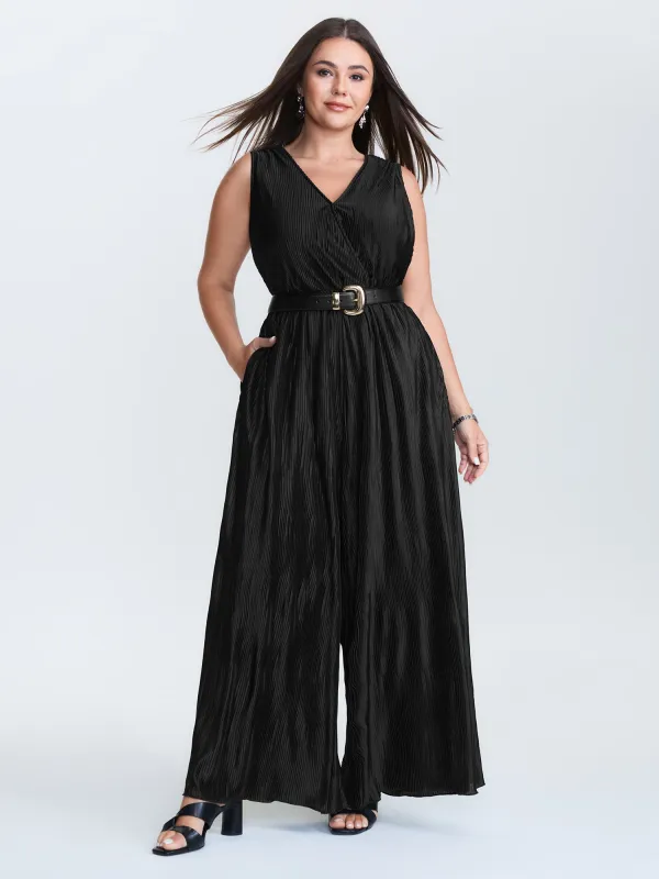 Textured Surplice Neck Wide Leg Jumpsuit sold by Bloomchic