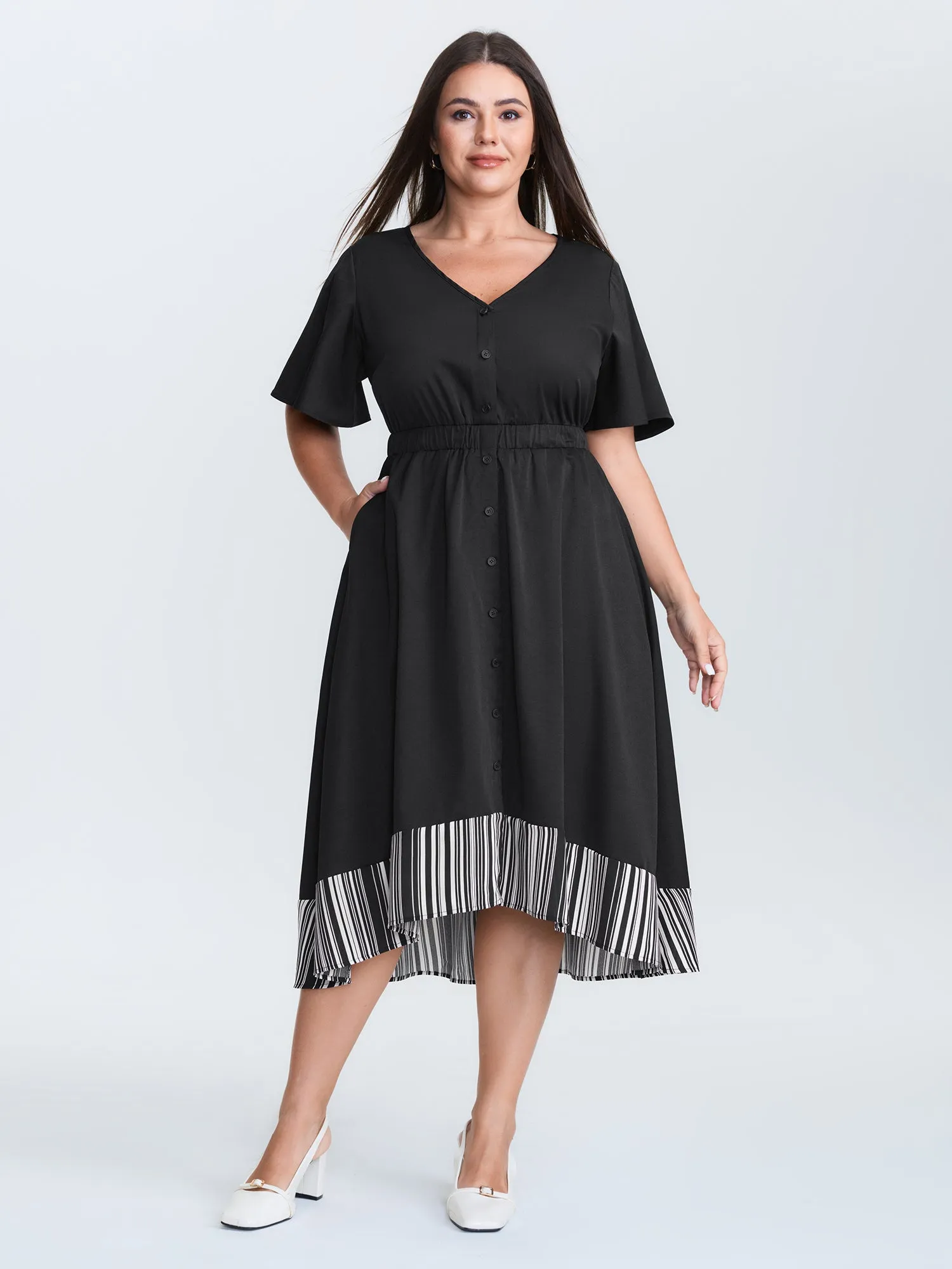 V Neck Button Front Striped Hem Midi Dress sold by Bloomchic product image thumbnail 3
