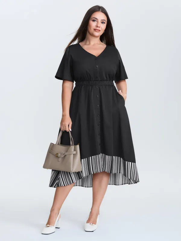 V Neck Button Front Striped Hem Midi Dress sold by Bloomchic