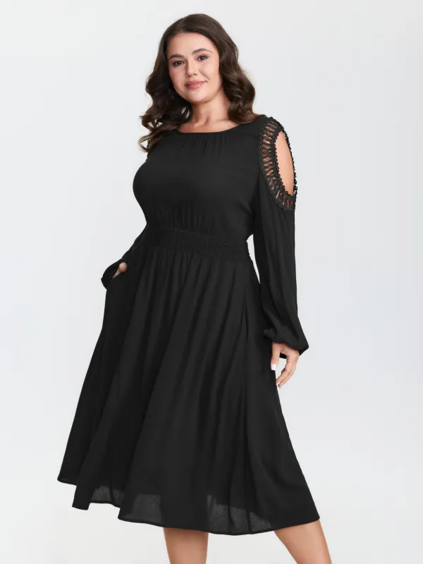 Cold Shoulder Shirred Waist Pockets Midi Dress sold by Bloomchic