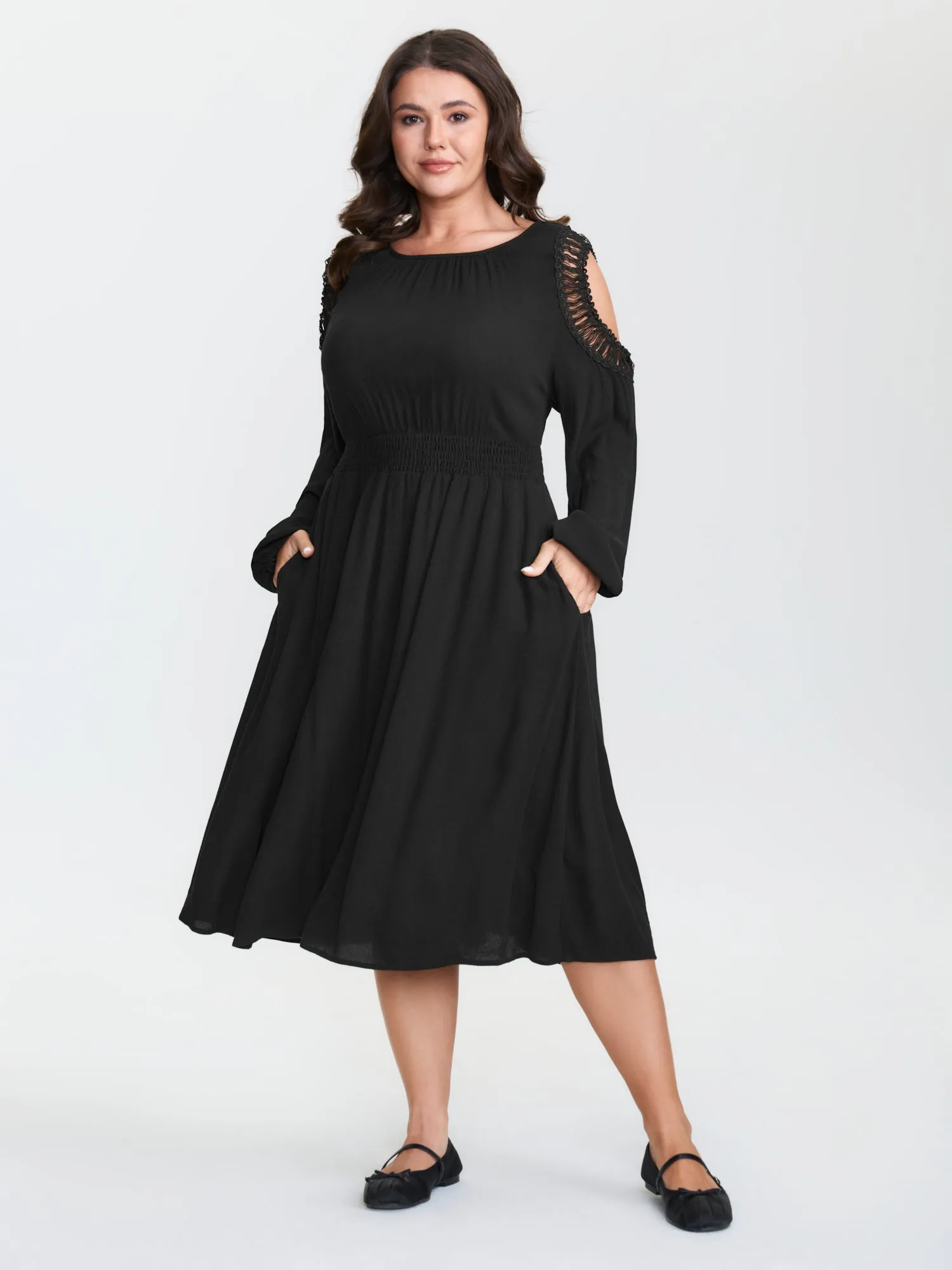 Cold Shoulder Shirred Waist Pockets Midi Dress sold by Bloomchic product image thumbnail 3