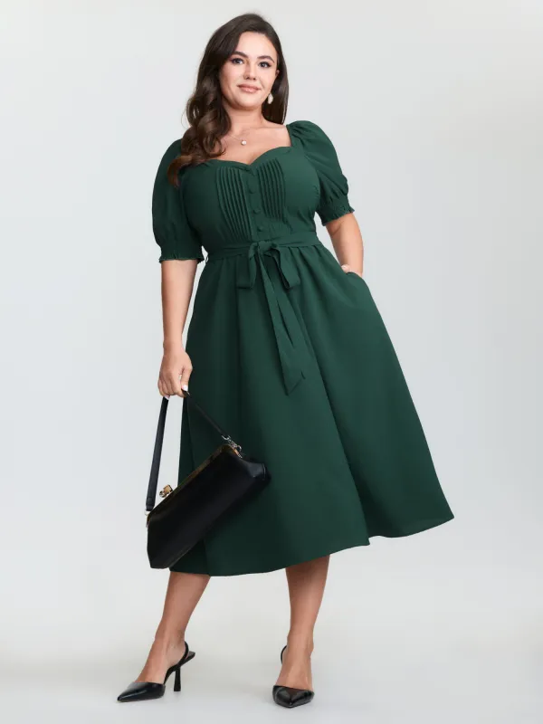 Plicated Detail Sweetheart Neck Pockets Belted Midi Dress sold by Bloomchic