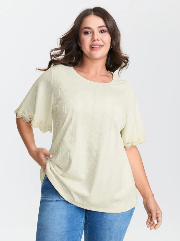 Textured Puff Sleeve Lace Trim T-Shirt sold by Bloomchic