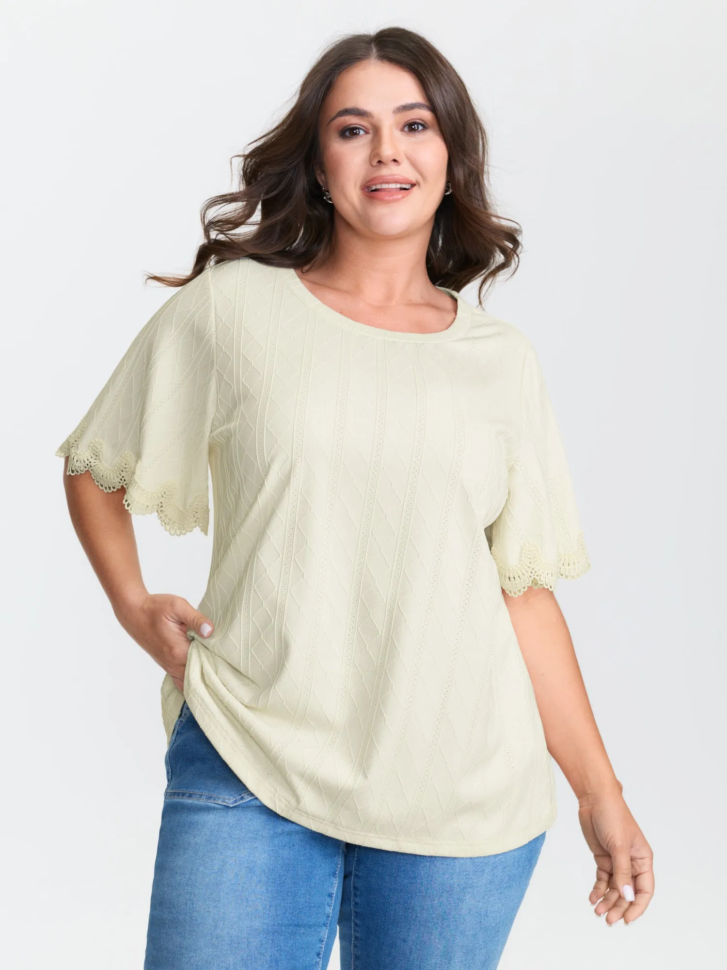 Textured Puff Sleeve Lace Trim T-Shirt sold by Bloomchic