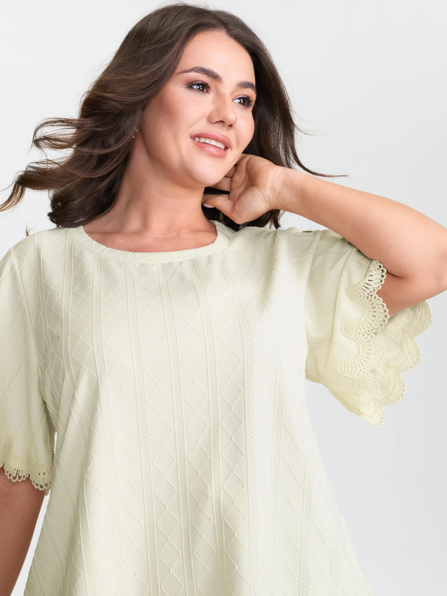 Textured Puff Sleeve Lace Trim T-Shirt sold by Bloomchic product image thumbnail 4