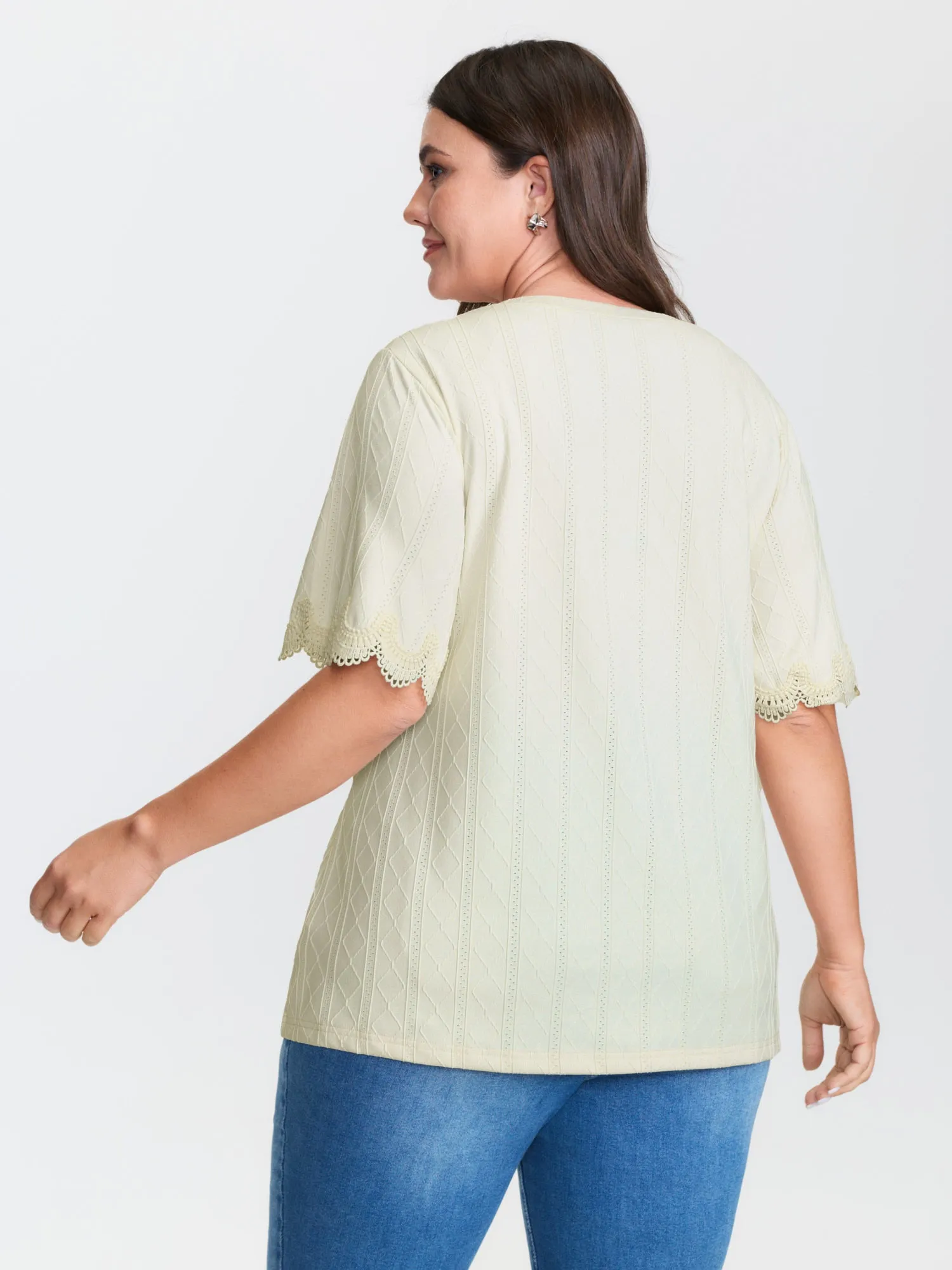 Textured Puff Sleeve Lace Trim T-Shirt sold by Bloomchic product image thumbnail 5