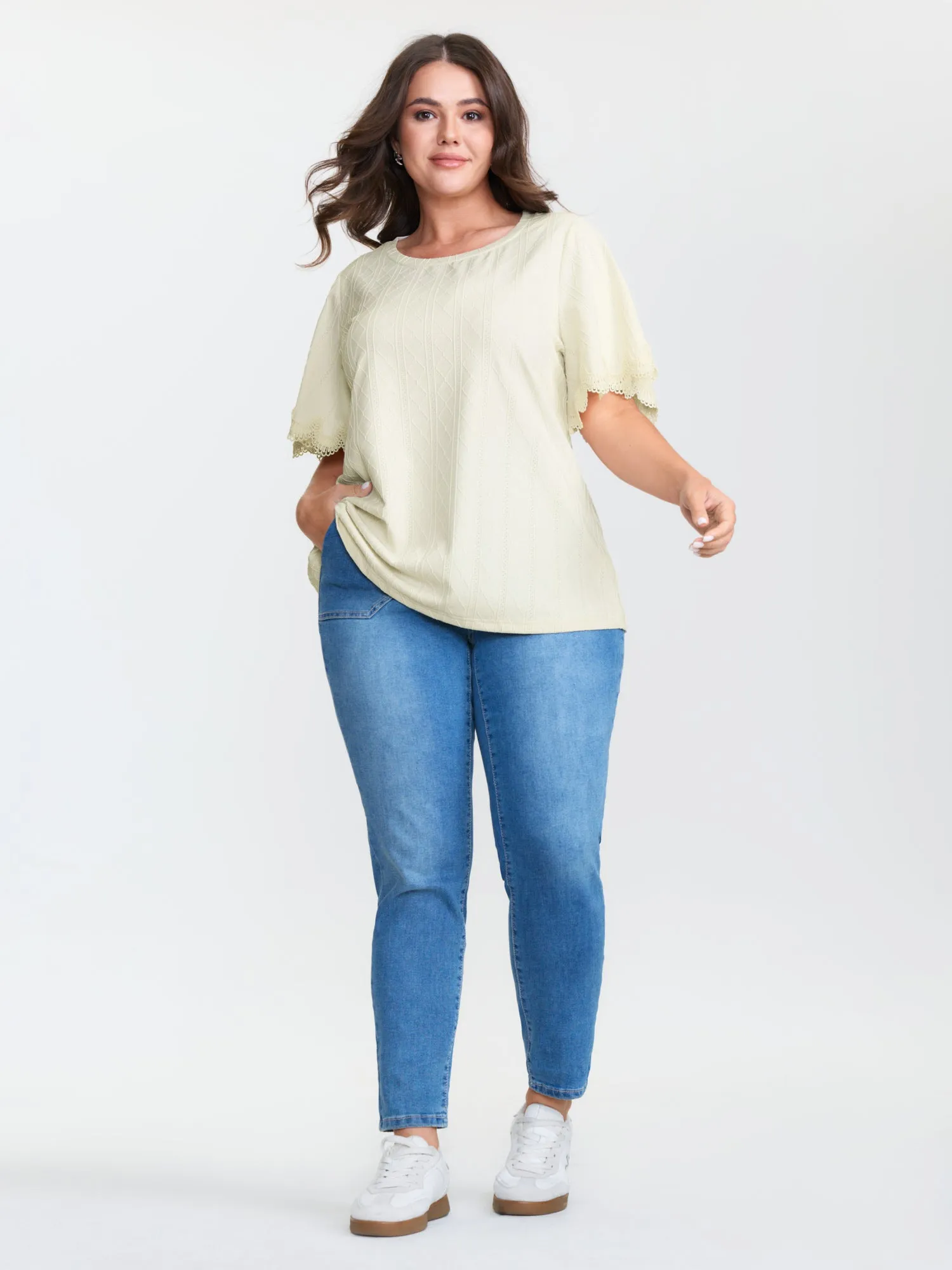 Textured Puff Sleeve Lace Trim T-Shirt sold by Bloomchic product image thumbnail 3